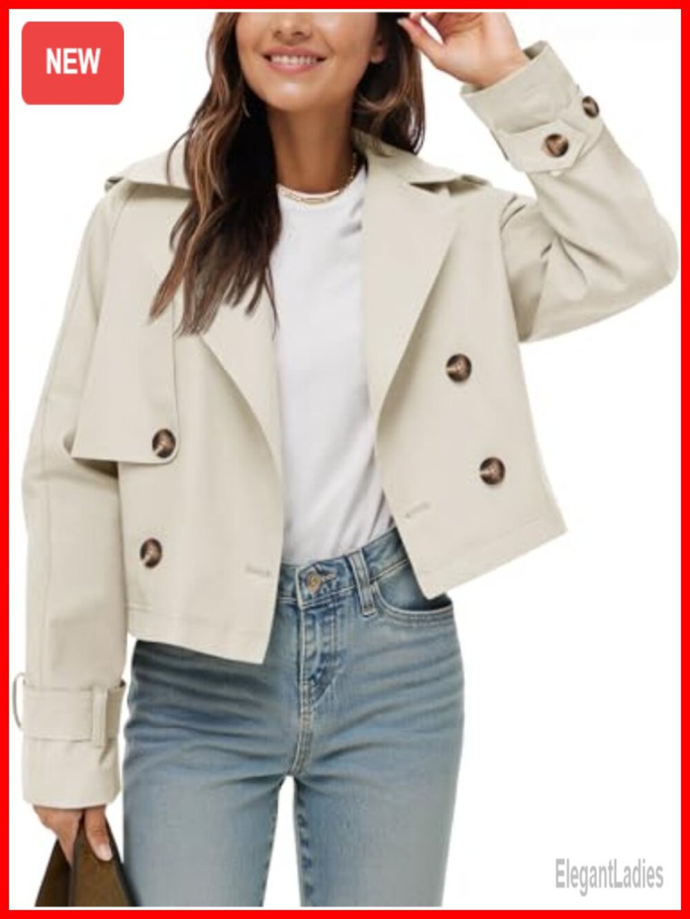 Cropped Trench Coat Womens Double Breasted Notched Lapel Loose Fit Spring Fall